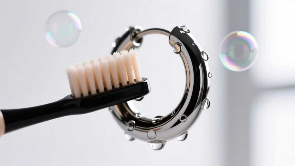 Macro shot of a soft baby toothbrush gently cleaning recessed grooves of a black rhodium huggie earring with soapy distilled water