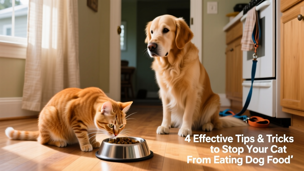 A curious cat sniffing a dog's food bowl while the dog watches nearby