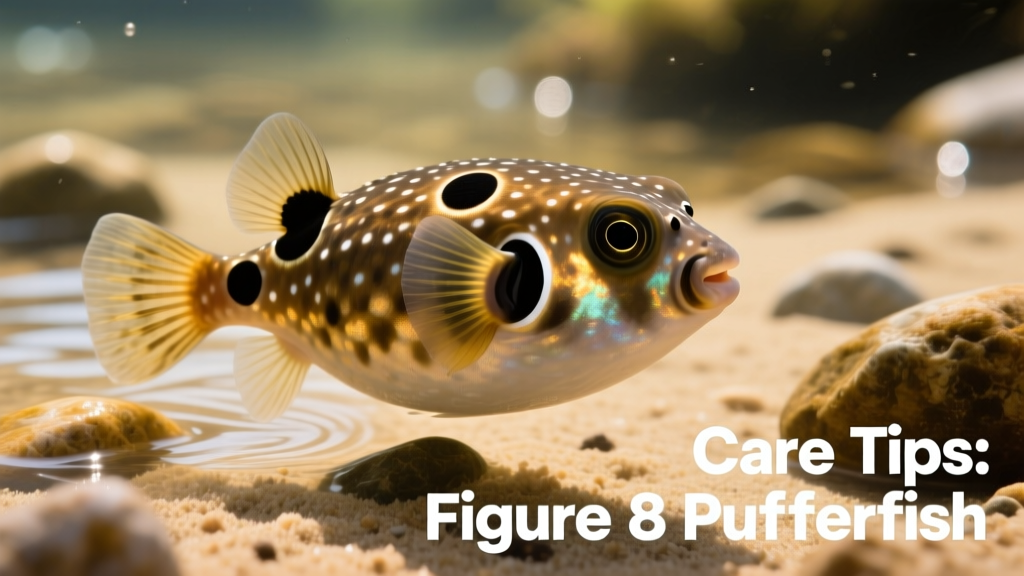 Close-up of a figure 8 puffer showing distinctive black eyespots—one near the tail base and one beneath the dorsal fin—against a backdrop of sandy substrate and smooth stones