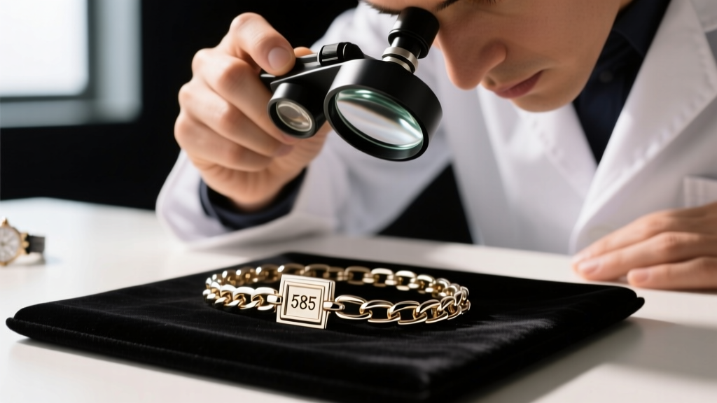 Jeweler examining a 14k white gold box chain clasp with a 10x triplet loupe to verify the 585 hallmark stamp under bright light.