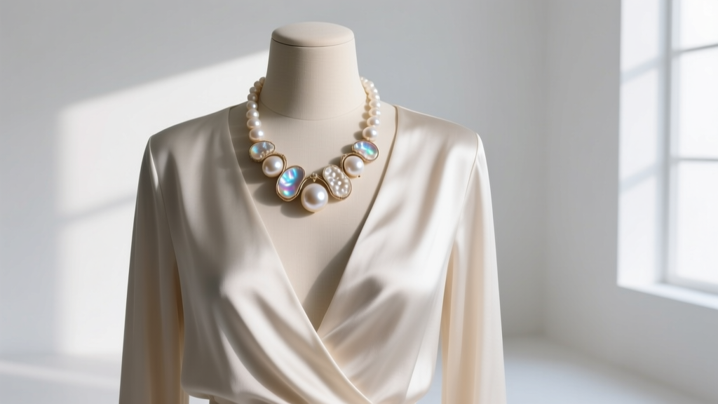 Mannequin in a deep V-neck silk blouse wearing a curved, asymmetrical baroque pearl pendant resting perfectly at the sternum.
