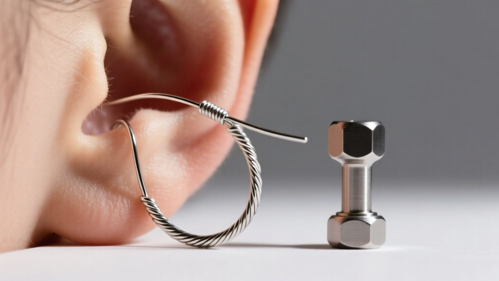 Macro shot of a thin 20-gauge wire earring pulling on an earlobe, contrasted beside a thick, supportive 14-gauge titanium post.