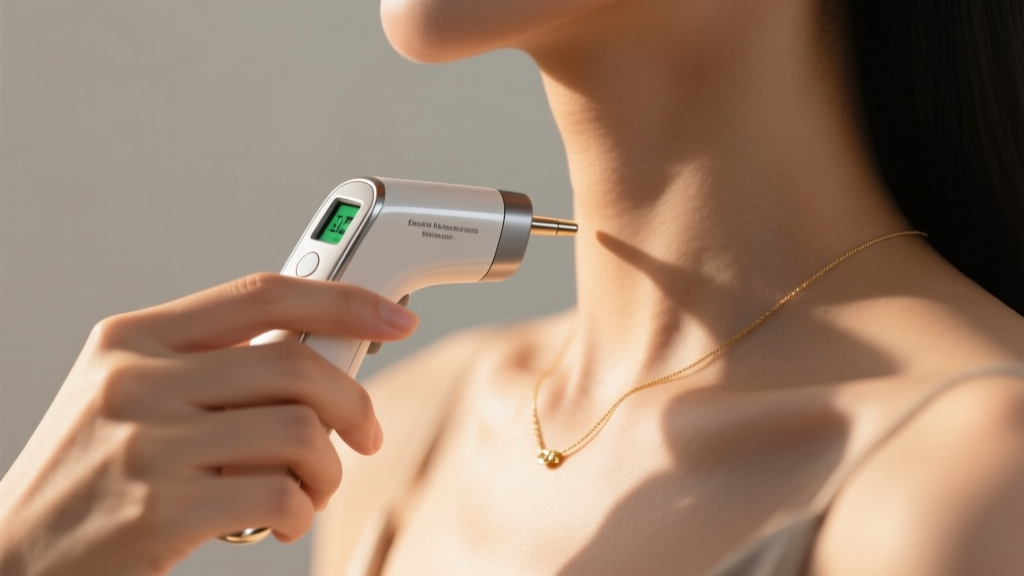 Hand holding an infrared thermometer near the collarbone, measuring skin temperature for mood necklace calibration in soft light.
