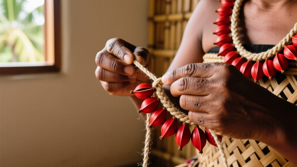 Hands carefully stringing dried red pandanus fruit keys onto a thick cotton cord to create a traditional Samoa ula fala necklace