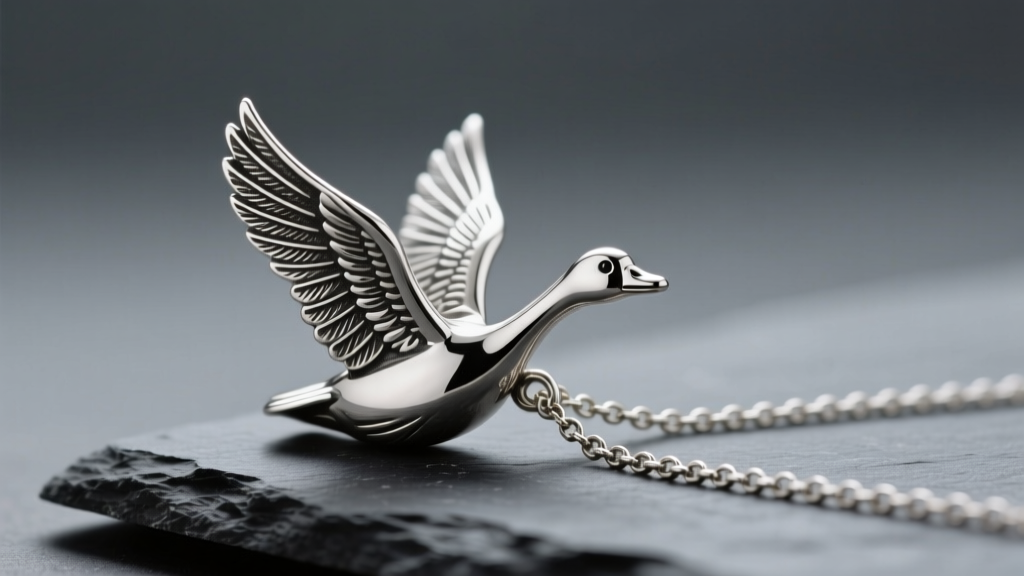 Macro shot of a sterling silver flying goose pendant on dark slate, highlighting oxidized feather details and a 1.5mm box chain.
