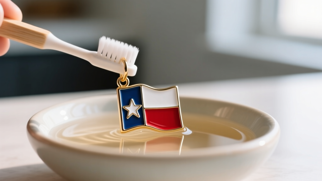 Soft toothbrush cleaning enamel details of a Texas flag huggie earring in a small ceramic bowl of warm, mildly soapy water