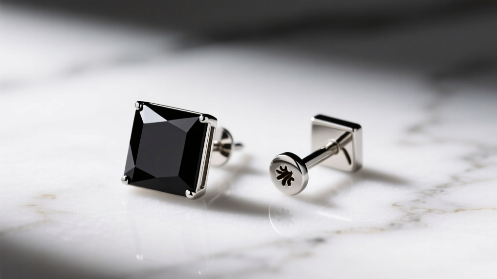 Top view of a black zirconium square stud earring with beveled edges beside a steel screw-back clutch on a white marble surface