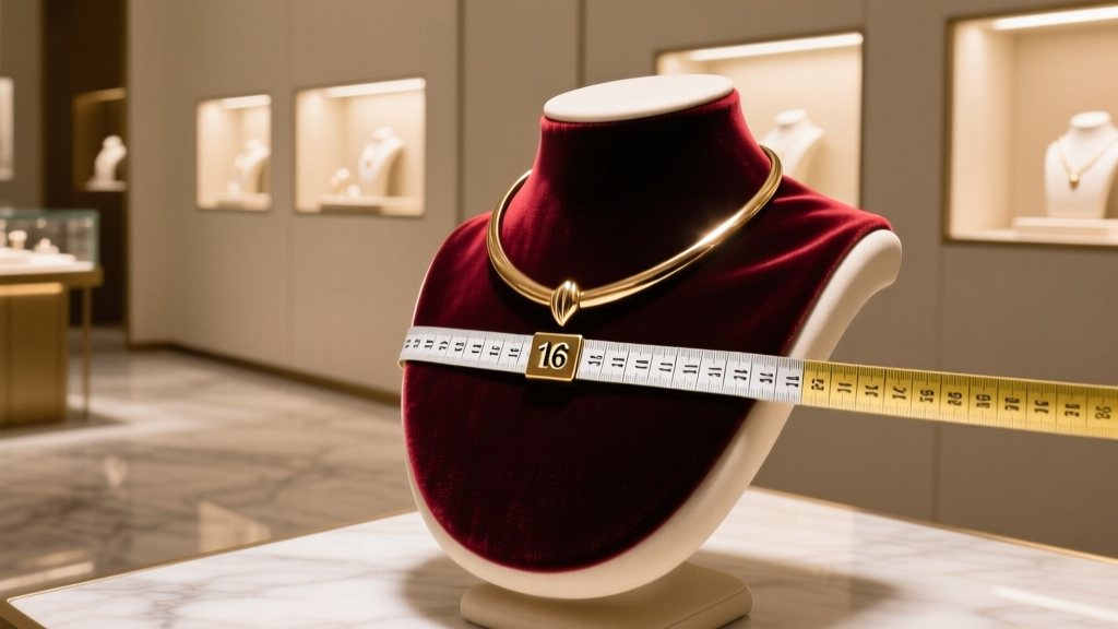 Measuring tape wrapped around a velvet necklace bust, highlighting the 16-inch mark under warm studio lighting in a jewelry shop.