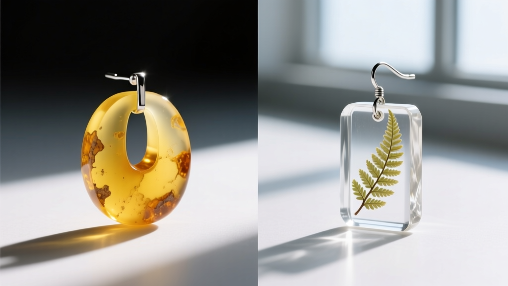 Split-screen comparison showing a yellowed cloudy resin earring on the left and a crystal-clear botanical resin earring on right.