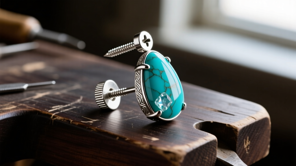 Close-up of a 20-gauge silver post and screw clutch on a heavy turquoise drop earring resting on a dark wooden jeweler workbench