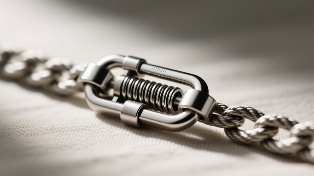 Macro shot of a 5mm stainless steel lobster clasp on an 18-inch rope chain, highlighting the internal spring tension mechanism.