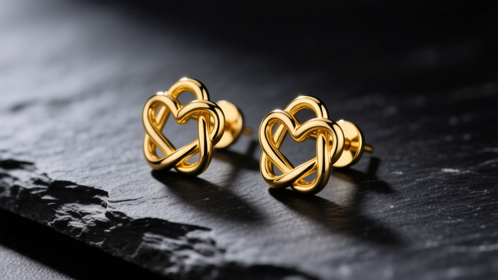 Macro shot of 18k yellow gold love knot stud earrings on dark slate, lit by soft directional studio lighting to show the weave.