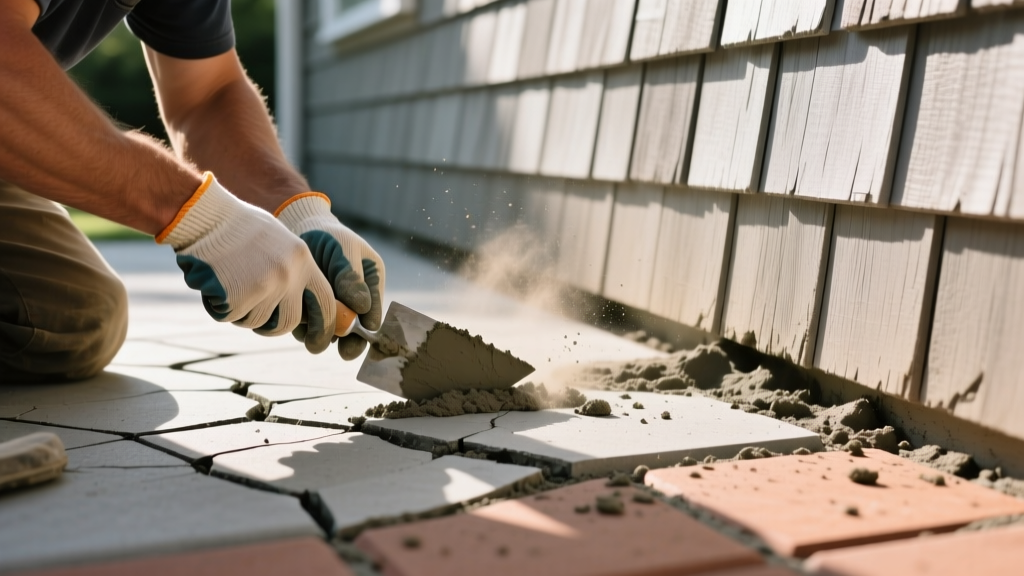 Close-up of a mason repairing a cracked decorative concrete patio next to a wall clad in weathered concrete shake shingles