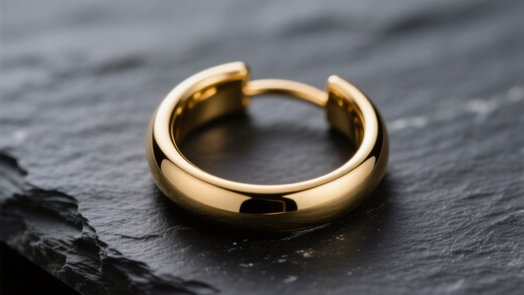 Macro shot of a polished 14k gold filled 16g circular earring on dark slate under soft studio lighting with sharp edge reflections