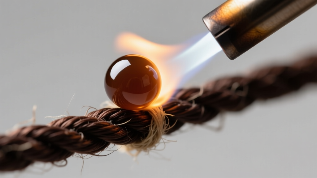 Macro shot of melted hemp cord sealed with a micro-torch, showing a smooth bead forming at the tip of the dark brown fiber