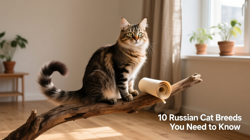 A Kurilian Bobtail sitting alertly on a wooden perch, tail curled beside it