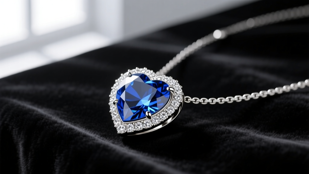 Close-up of an 18k white gold heart-shaped sapphire pendant necklace with a pavé diamond halo, resting elegantly on black velvet