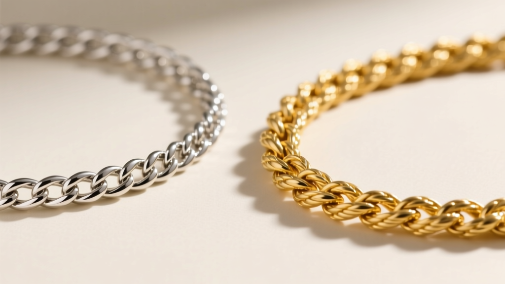 Close-up of a sterling silver mesh chain and an 18k yellow gold rope chain used for the iconic Tiffany bottle pendant design.