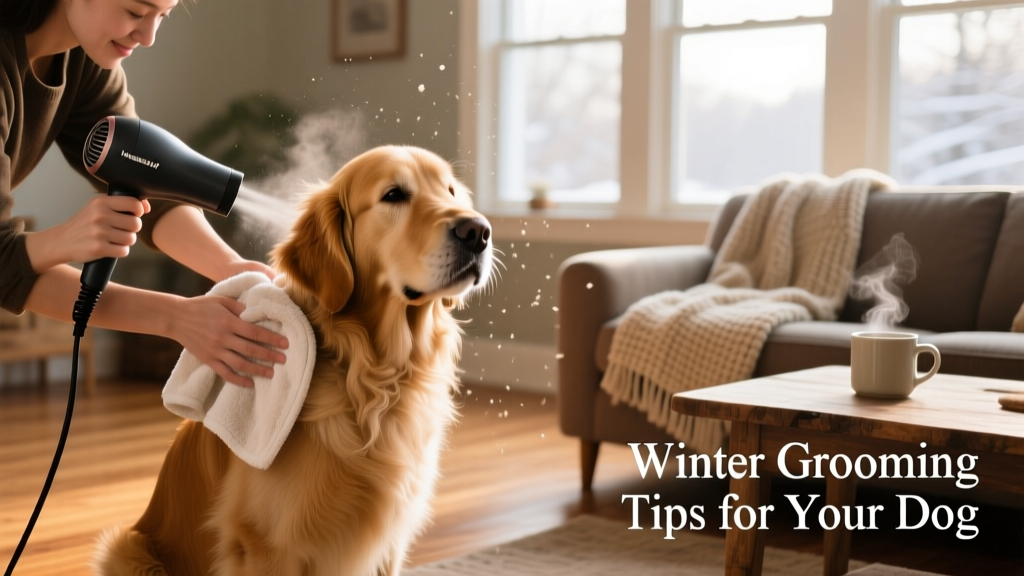 Dog being gently dried with a towel and low-heat hair dryer in a cozy home setting