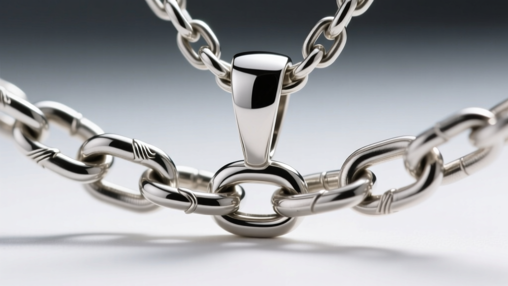 Macro shot of a 2.5mm steel wheat chain passing through a silver pendant bail, highlighting the intricate link weaving details