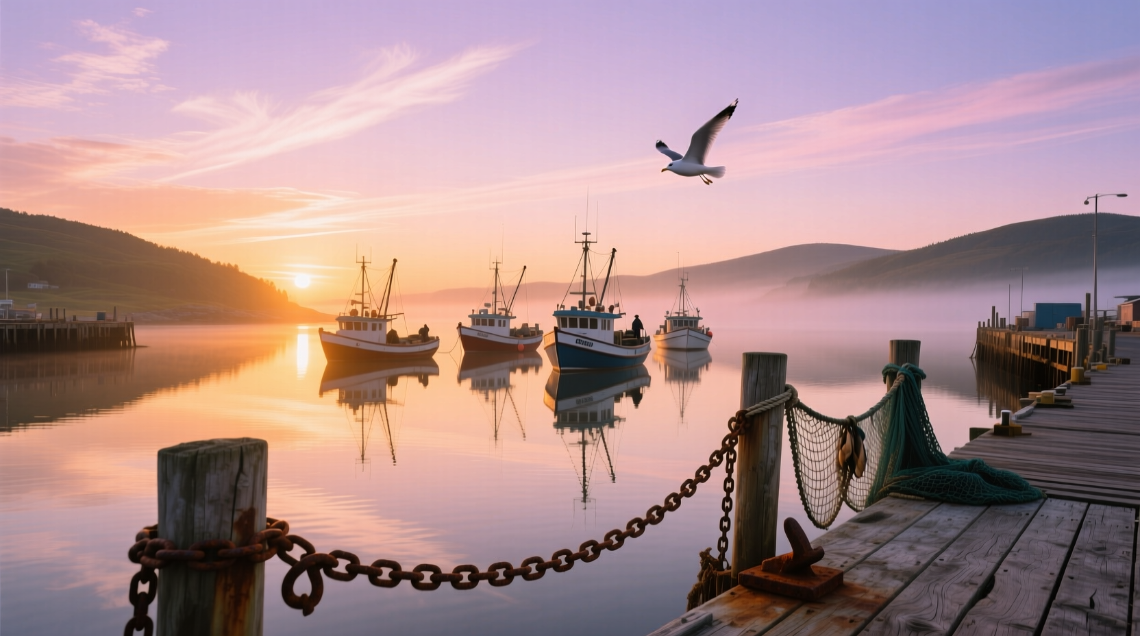 Scenic view of Potato Harbor with fishing boats at sunrise