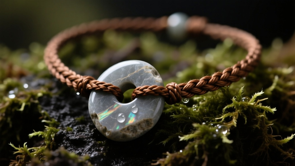 Rustic hagstone necklace on dark moss, featuring a smooth grey flint stone with a natural hole and a braided brown waxed cord.