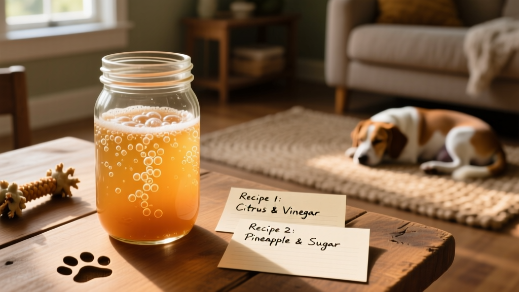 Glass jar with fermenting enzyme cleaner mixture showing light bubbles
