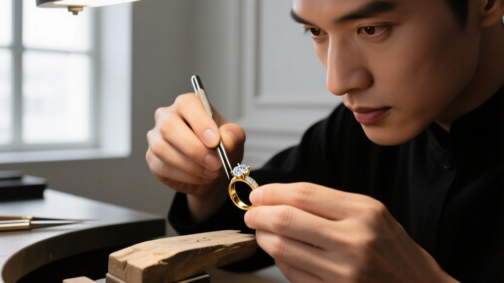 Jeweler's bench showing asymmetrical necklaces of large baroque pearls and dark glass beads under warm, moody studio lighting.