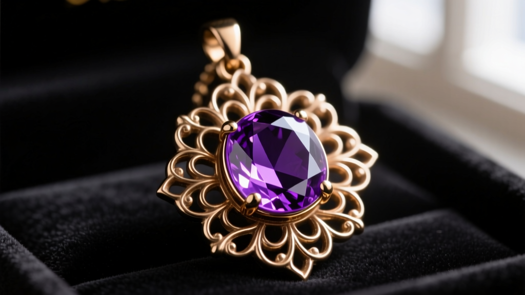 Close-up of a Sofia the First amulet replica with a deep purple lab amethyst in a polished brass floral bezel on dark velvet