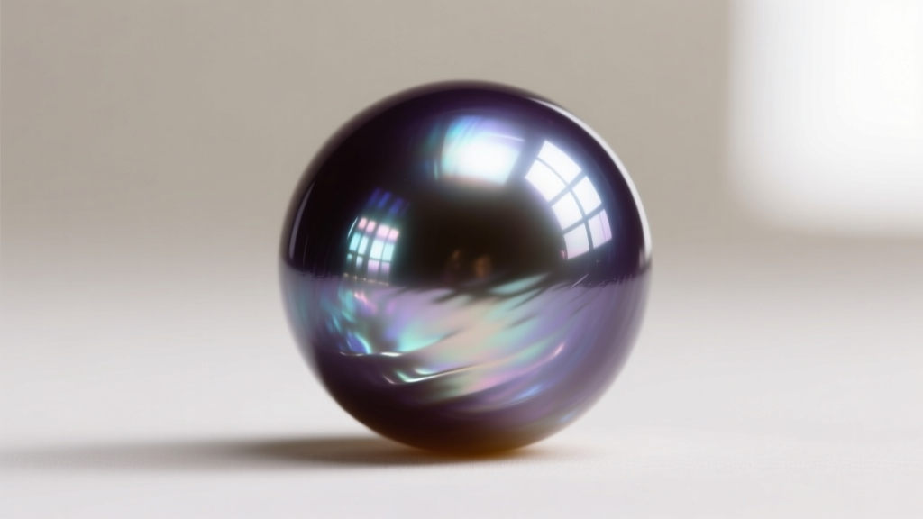Macro shot of a round Tahitian pearl showing deep aubergine overtones and sharp light reflections across its pristine thick nacre