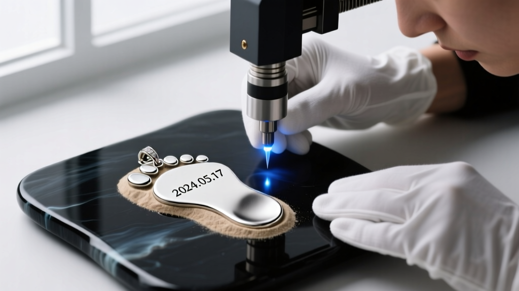 Jeweler using a laser engraving machine to inscribe a custom date on the back of a platinum footprints in the sand pendant