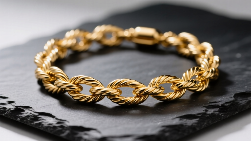 Close-up of a tangled 14k gold rope chain necklace on a dark slate surface, illuminated by soft directional studio lighting.