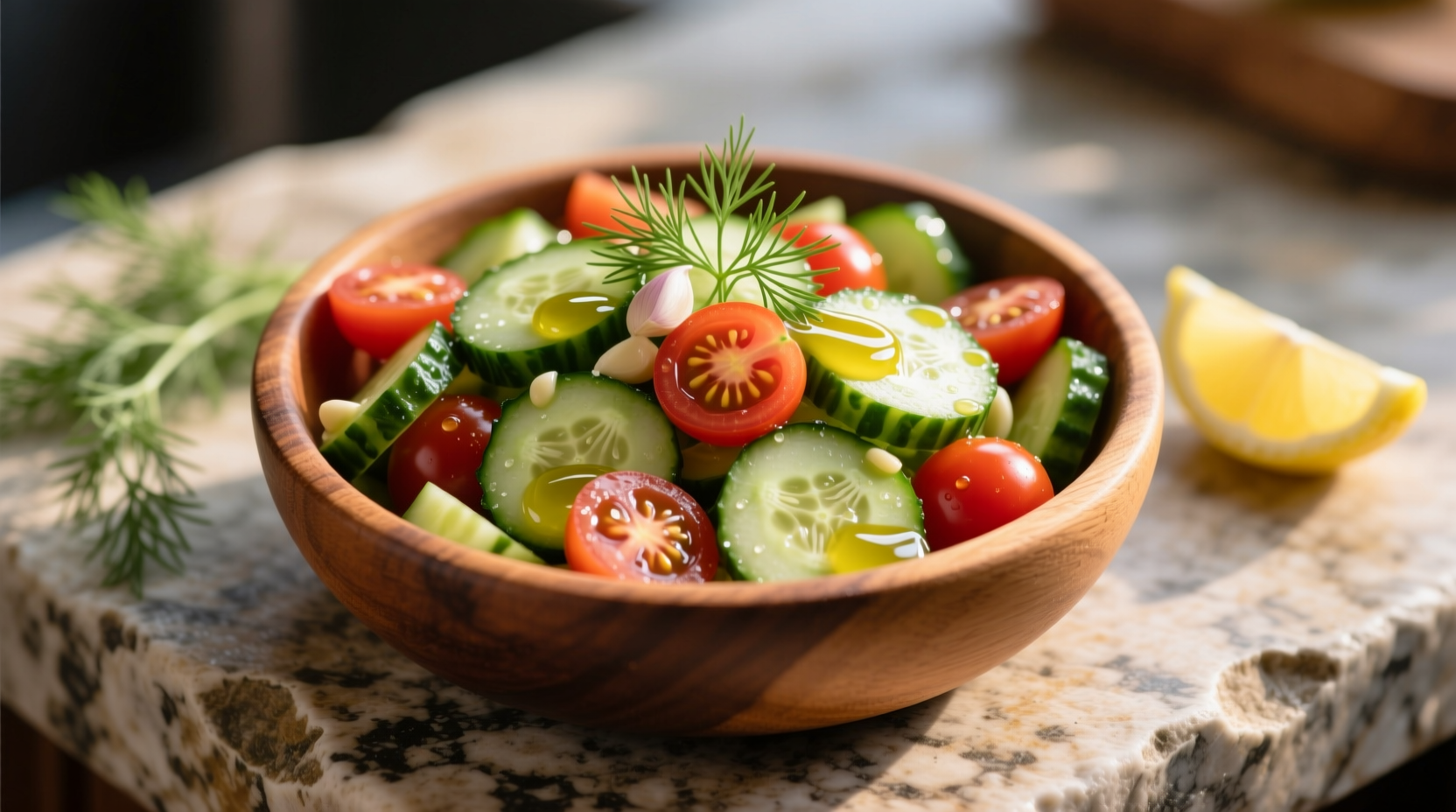 Fresh cucumber tomato salad with homemade dressing