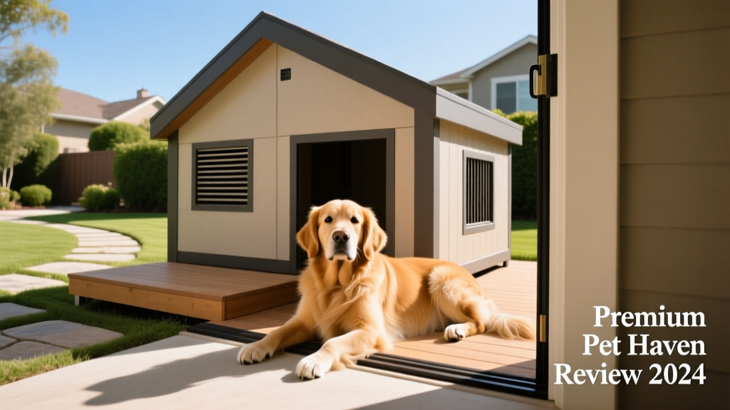 A golden retriever relaxing in the doorway of a high-end, weather-resistant dog house with built-in ventilation and raised flooring