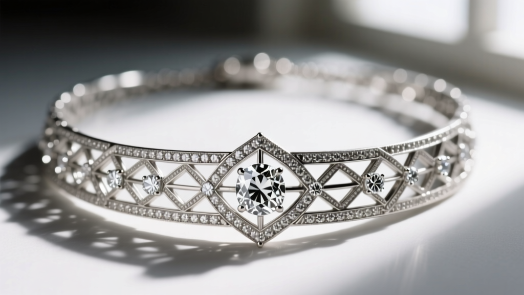 Macro photo of an authentic 1920s platinum art deco diamond necklace featuring geometric filigree and old european cut diamonds