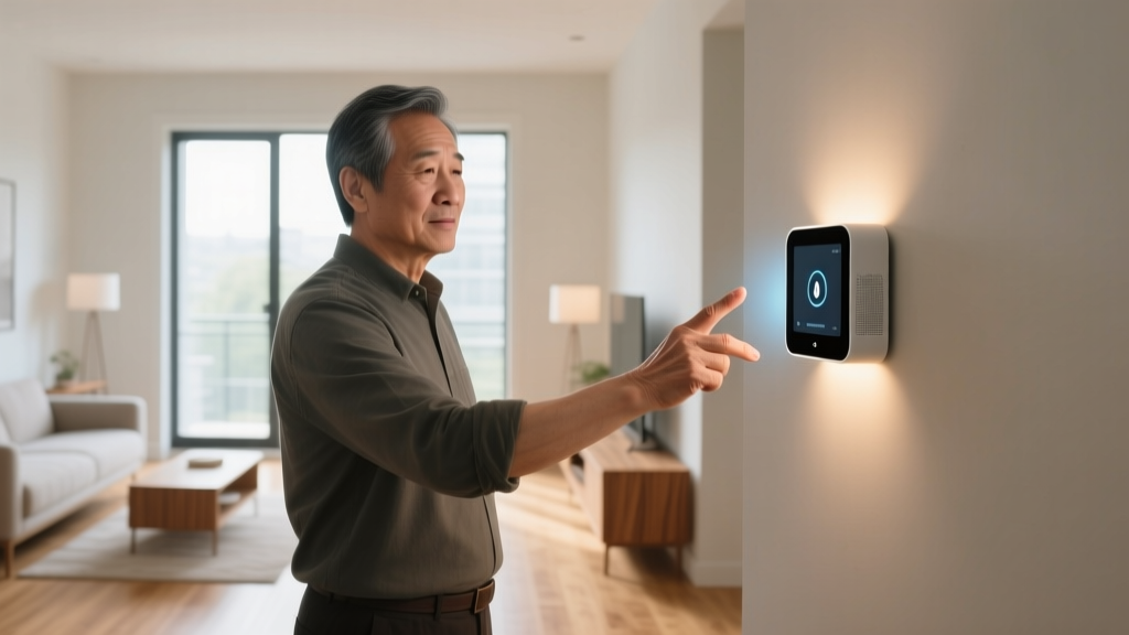A person with visible finger joint swelling using a voice-activated smart display to turn on living room lights, demonstrating hands-free arthritis tech.