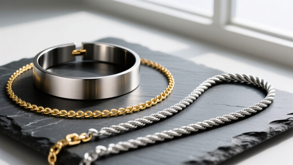 Flat-lay of a titanium choker, an 18-inch gold princess chain, and a long aluminum rope chain on a dark slate surface.