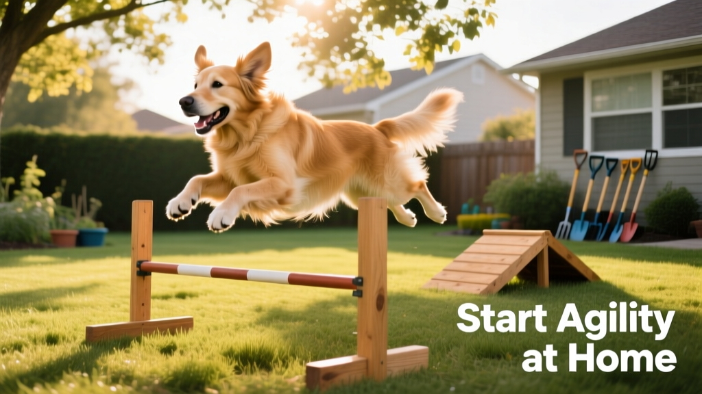 A happy dog mid-air jumping over a low bar in a backyard setting