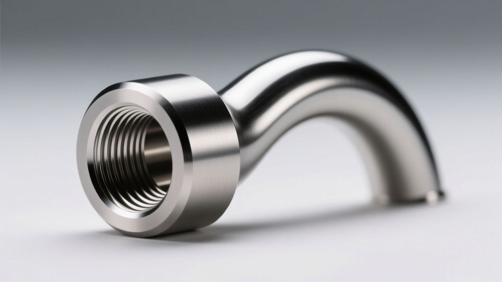 Macro shot of an internally threaded titanium curved barbell shaft showing smooth internal threads and a mirror polish finish.