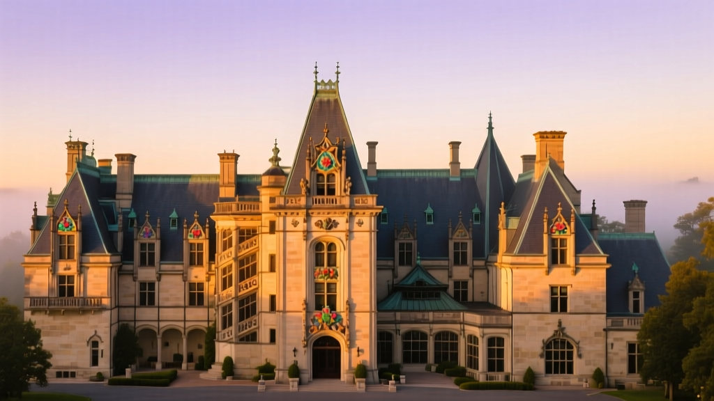 Majestic Biltmore House facade at dawn featuring Indiana limestone walls, steep slate roofs, and intricate terra cotta detailing.
