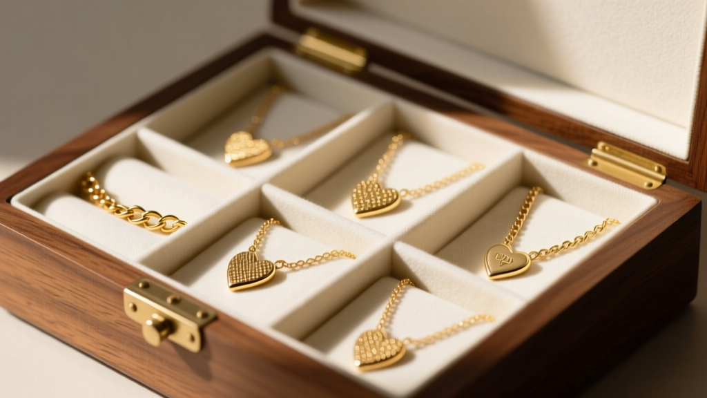 A neatly organized wooden jewelry box with individual anti-tarnish fabric compartments holding various delicate gold heart chains