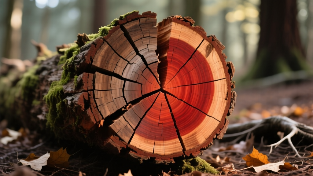 Cross-section of a decaying cedar log showing distinct cubical brown rot cracking next to healthy redwood heartwood in forest