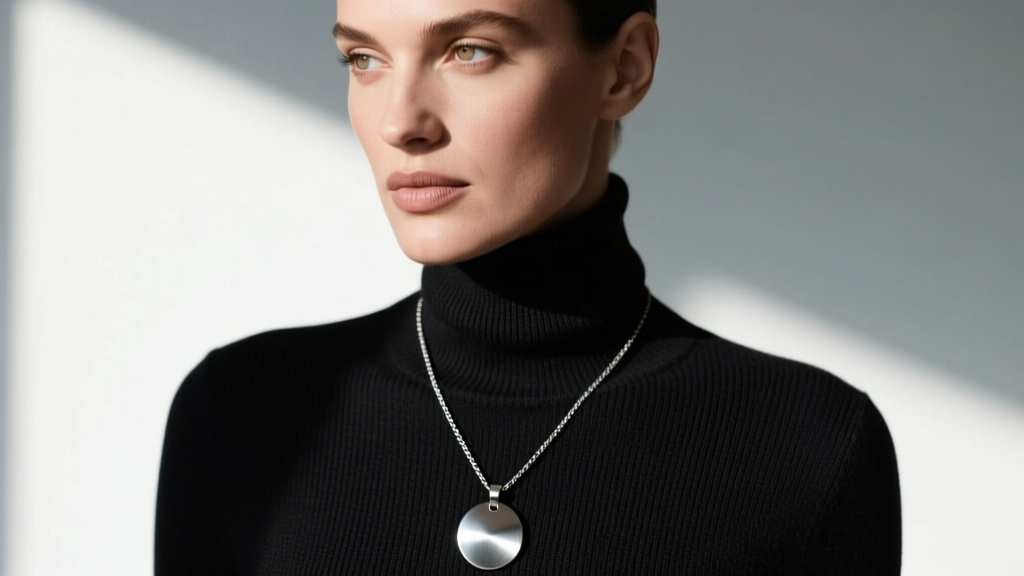 Profile of a woman wearing a long titanium lariat hanging necklace with a brushed steel pendant against a dark turtleneck sweater.