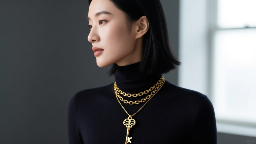 Side profile of a woman wearing a layered 18k gold skeleton key pendant and a delicate paperclip chain against a dark turtleneck.