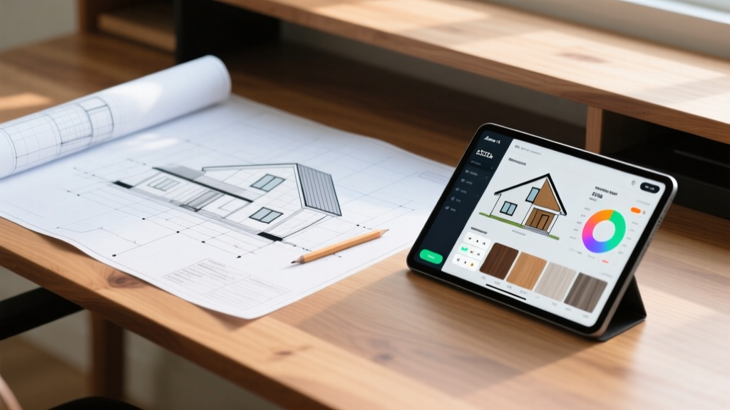 Architectural blueprints on a wooden desk next to a tablet displaying a house construction cost calculator and material samples