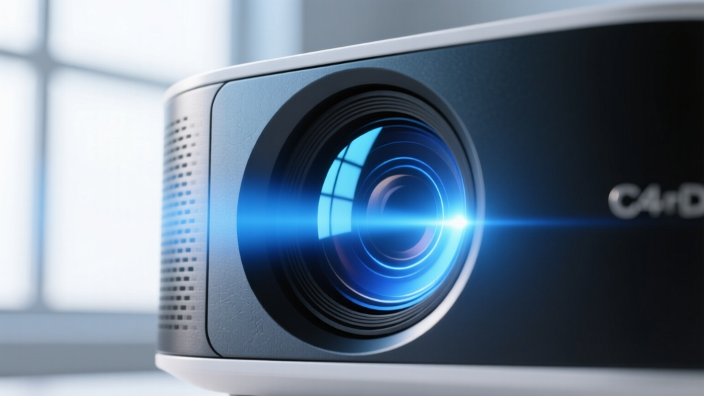 Close-up macro shot of a portable projector glass lens with a specialized anti-reflective and scratch-resistant coating reflecting a bright blue light.