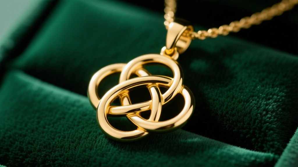 Close-up of a polished 18k yellow gold Celtic friendship knot pendant resting on dark green velvet, highlighting interwoven loops