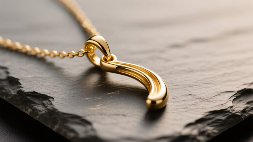 Close-up of a 14k gold wishbone pendant on slate, showing the central V-junction and bail under soft studio lighting.