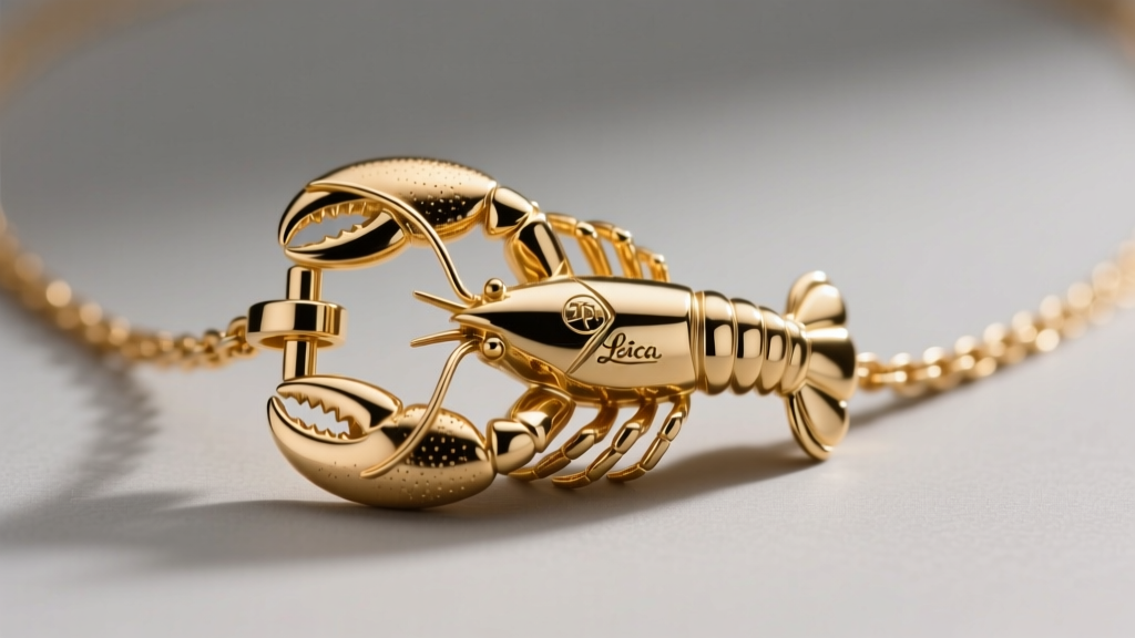 Extreme close-up of a brass lobster clasp on a gold-plated necklace, showing the tiny engraved hallmark and pristine metal finish