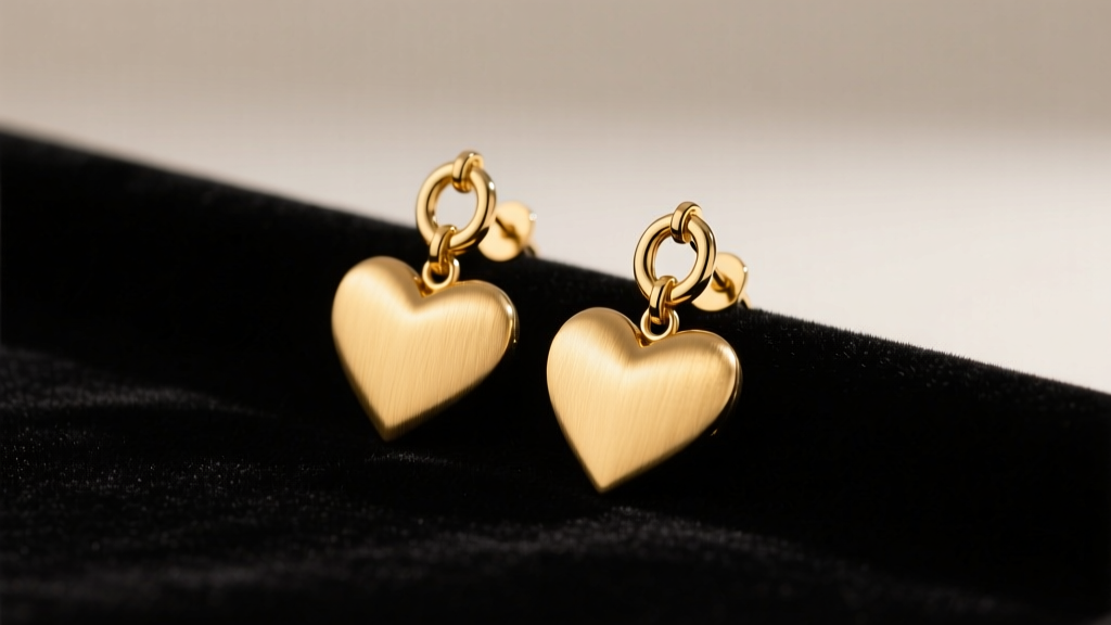 Gold-tone vintage Givenchy heart earrings on black velvet, studio lighting showing brushed metal texture and omega clip hardware.